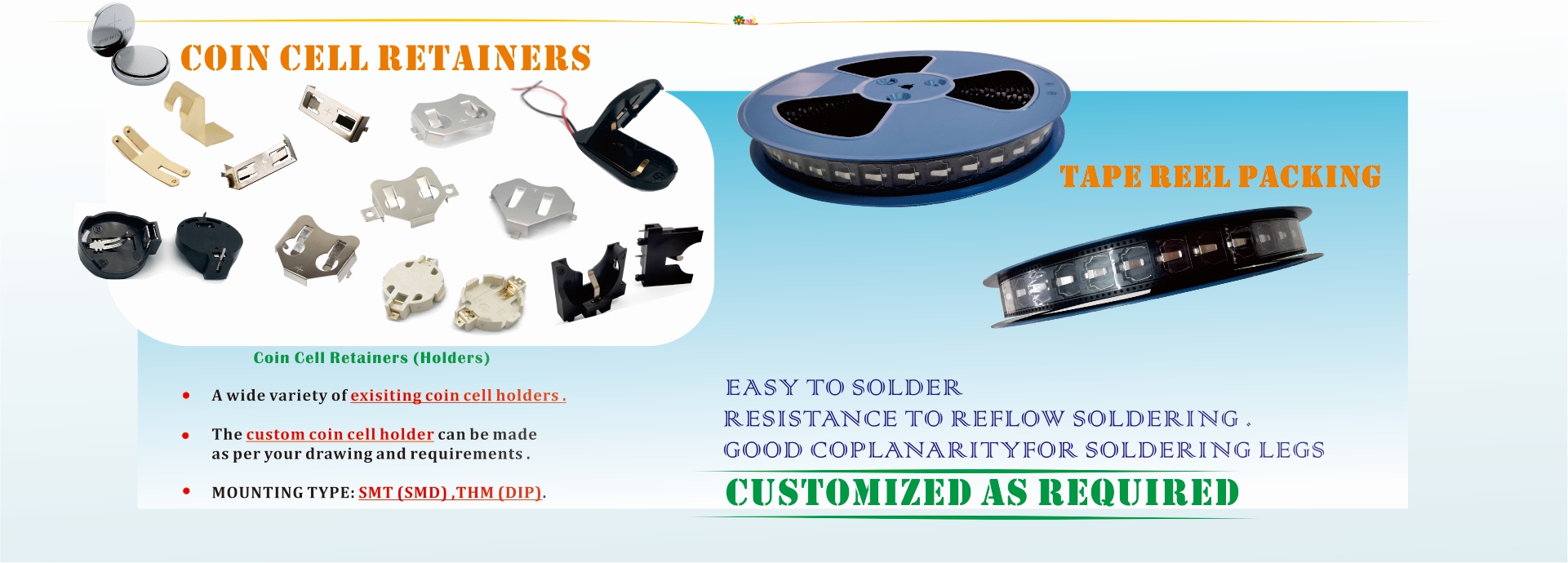 Metal battery holders coin cell sockets with tape‑and‑reel packaging for electronics